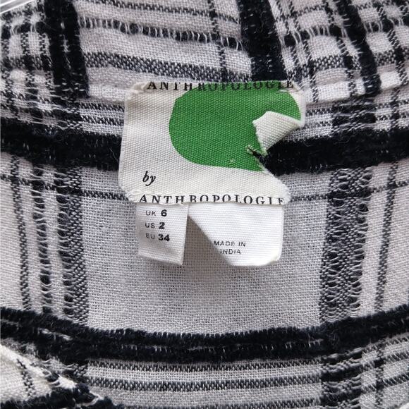 Anthropologie Plaid Pin Tuck Tunic Top Blouse Size 2 Black and White Waist Tie - Picture 4 of 4